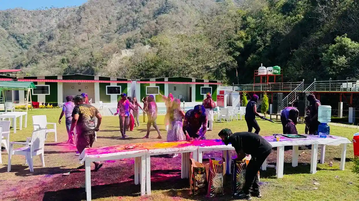 Holi music and color celebration at luxury resort in Rishikesh